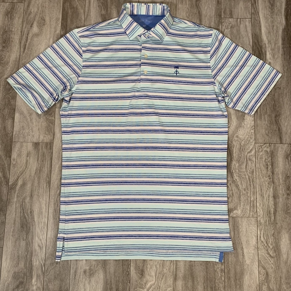 Johnnie-O Polo Shirt Mens Medium Blue White Stripes Fit Outdoors Golf